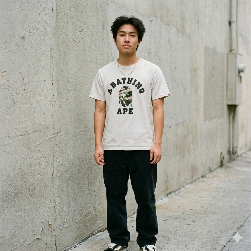 A Bathing‎ Ape Tee Mens Medium Gray Camo Logo Graphic Streetwear Hypebeast BAPE
